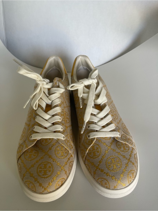 Tory Burch Shoes - Tory Burch Cream and Mustard Logo Jacquard Sneakers